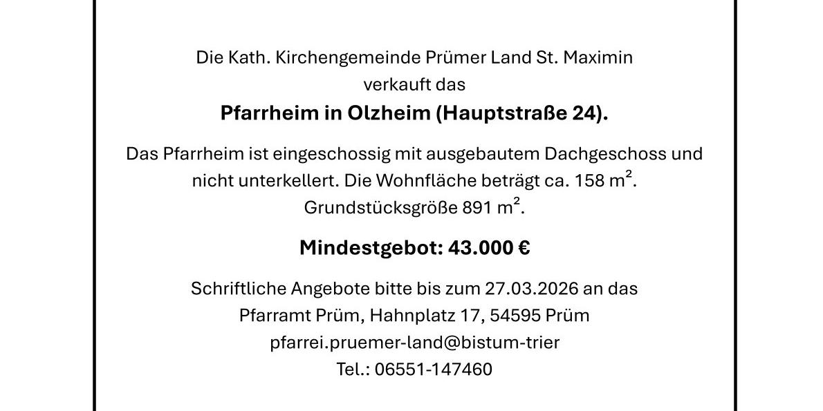 Verkauf Pfarrheim Olzheim 2026