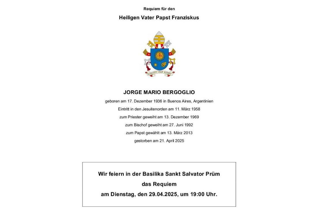 Anzeige Requiem Papst Franziskus